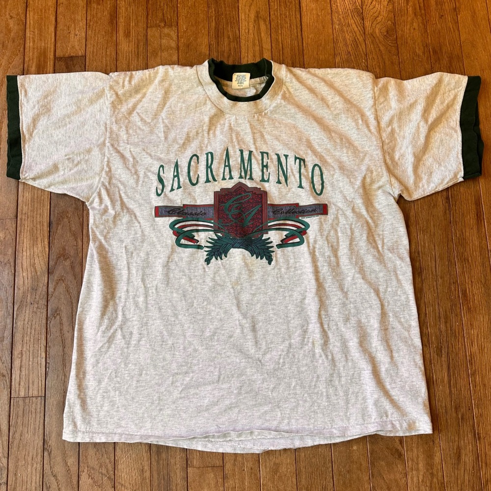 90s USA Grunge Sacramento T-Shirt Mens XL Ringer Heather Grey 1994 Casual Retro